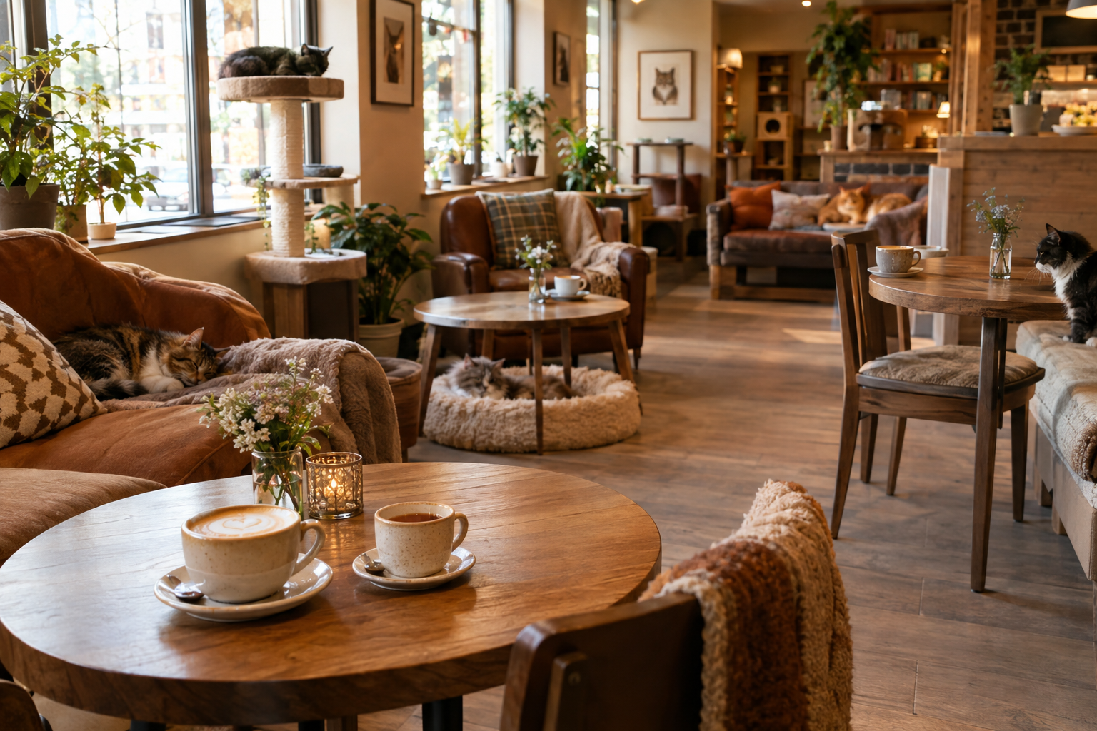 Illustrative concept of a warm cat café interior with drinks and relaxed cats in a calm lounge setting.