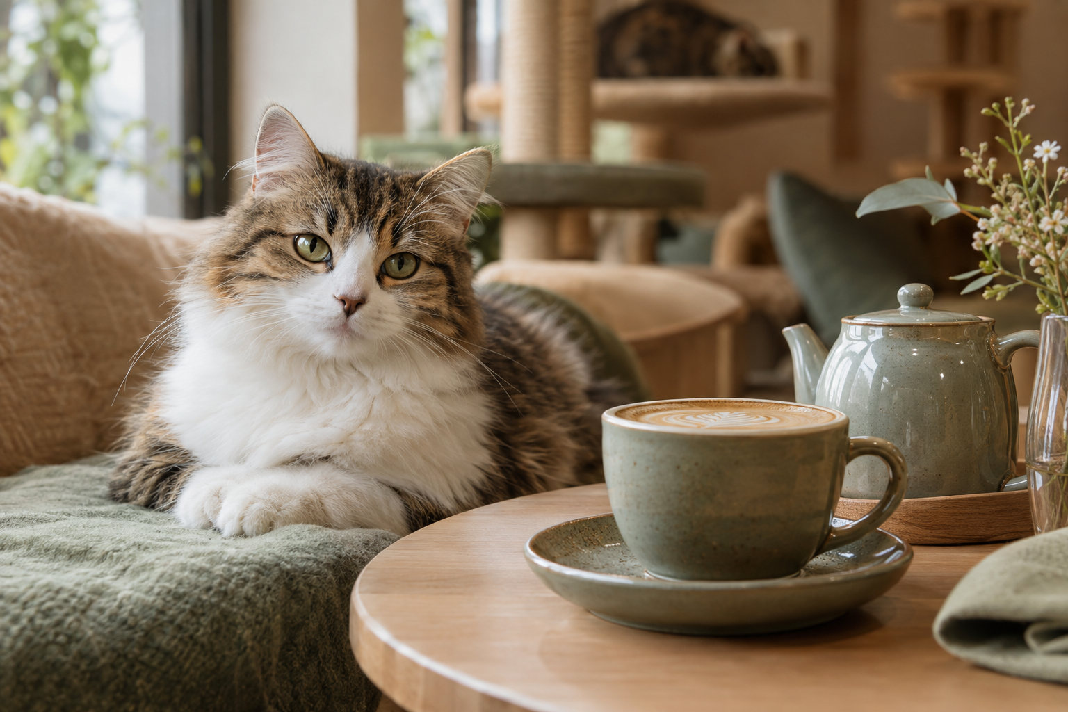 Illustrative concept of a cat resting near a cup in a tasteful café setting.